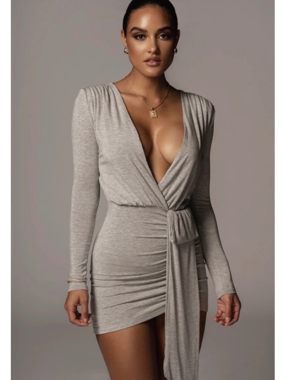 JLUXLABEL Quinn gray jersey draped overlay mini dress